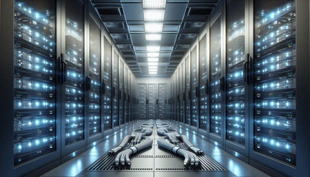 Server room data center. Backup, mining, hosting, mainframe, farm and computer rack with storage...