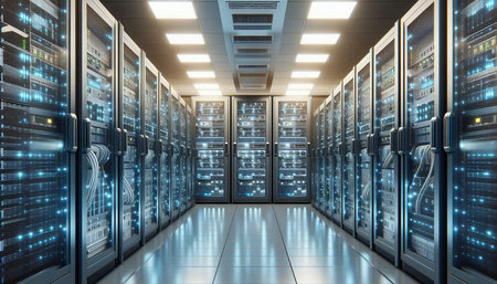 Server room data center. Backup, mining, hosting, mainframe, farm and computer rack with storage...