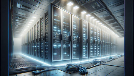 server room data center with racks and storage equipment 3d rendering image