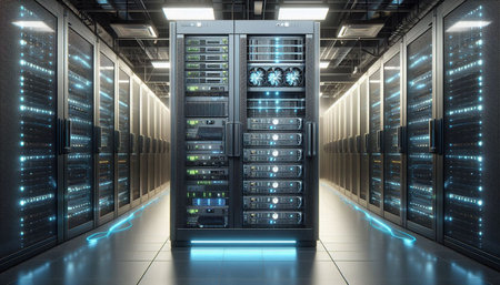 server room data center with rows of server racks. 3d render