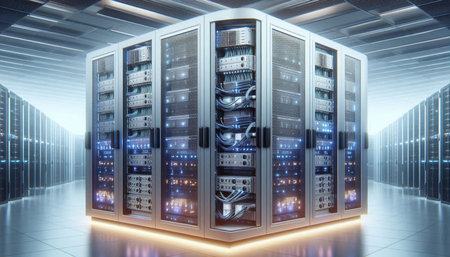 Server racks in data center. 3D rendering. Computer digital image.