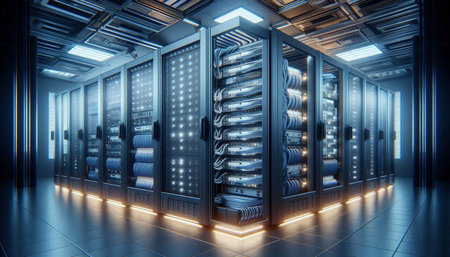 Server room data center. Backup, mining, hosting, mainframe, farm and computer rack with storage...