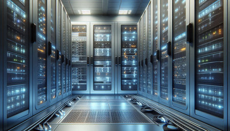 Server room data center. Backup, mining, hosting, mainframe, farm and computer rack. 3d render