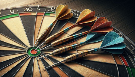Darts arrows in the center of dartboard. 3d illustration.