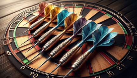 Darts arrows in the center of dartboard. 3d illustration