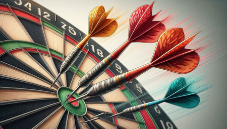 Darts arrows hitting the center of dartboard, 3d illustration