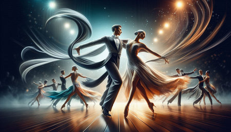 Dancing people concept as a group of dancers in ballroom dancing together as a metaphor for a multicultural group of dancers in a dance academy.の写真素材