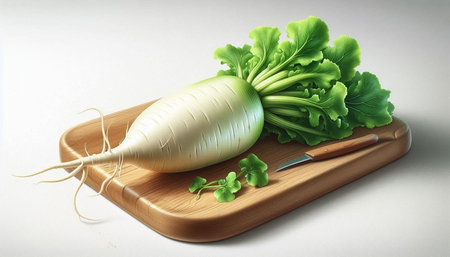 Daikon radish on wooden cutting board with knife and green salad