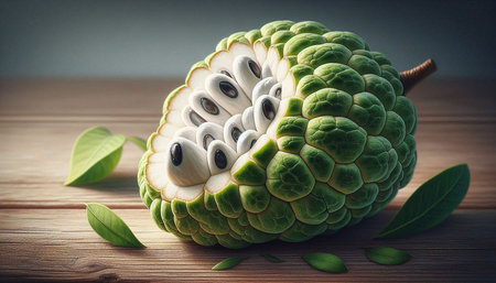 Custard apple on wooden table background. Exotic fruit.