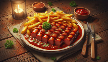 Sausages with French fries and ketchup on a wooden table