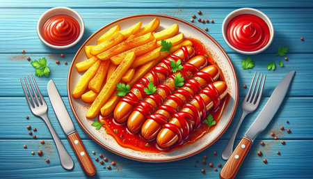 Grilled sausages with ketchup and french fries on plate