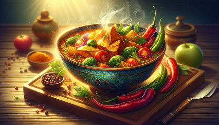 Nachos with vegetables and spices in a bowl on a wooden tableの写真素材