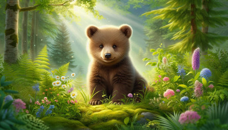 Cute brown bear sitting in the forest with flowers. 3d rendering