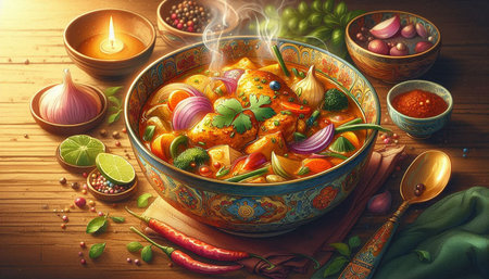 Chicken curry with vegetables and spices in a bowl. Indian cuisine.