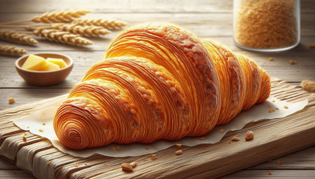 Freshly baked croissant on wooden table, closeup view