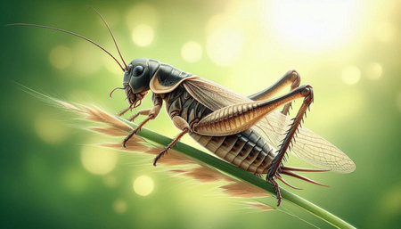 Grasshopper on a blade of grass. 3d render