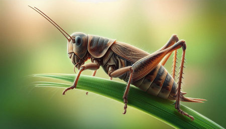 Grasshopper on a blade of grass in the nature.