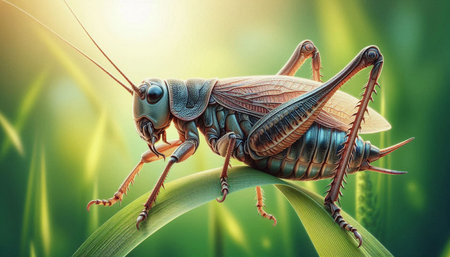 Grasshopper on a blade of grass. Close up.