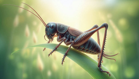 Grasshopper on a blade of grass in the sun.