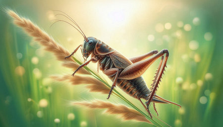 Grasshopper on a blade of grass. 3D illustration.