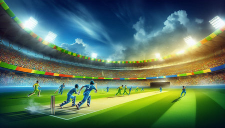 Cricket players in action at the stadium. Vector illustration.