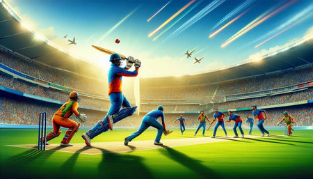 Cricket players in action at the stadium. 3D rendering