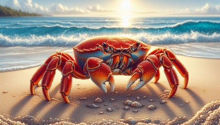 3D rendering of a red crab on the beach at sunset.の写真素材