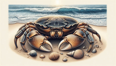 Illustration of a crab on the beach with seashells in the backgroundの写真素材