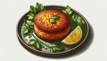 3D illustration of a fish cake with parsley and lemon.