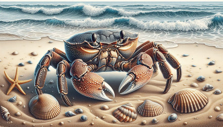 Crab on the beach. 3D illustration. Vintage style.の写真素材