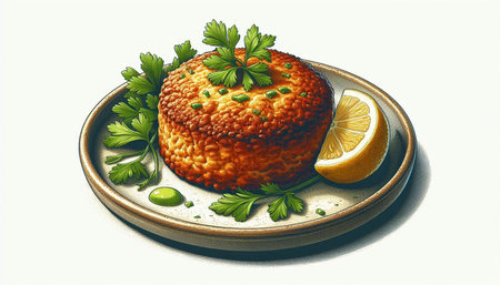 Baked fish cake with lemon and parsley on a plate.