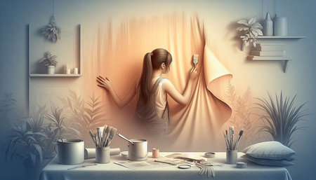 Beautiful young woman painting on the wall. 3D rendering.