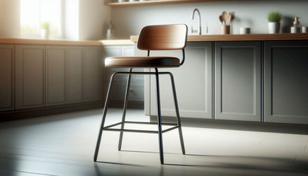 Modern wooden chair in kitchen interior, closeup. Space for text