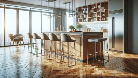 Interior of modern bar with gray and wooden walls, wooden floor, gray bar with stools and wooden...