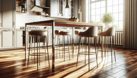 modern dining room interior with wooden floor and furniture. 3d render