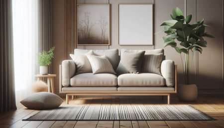 Living room interior with sofa and plant. 3d render illustration.