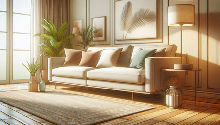 Interior of modern living room with brown sofa, coffee table and plants. 3d render
