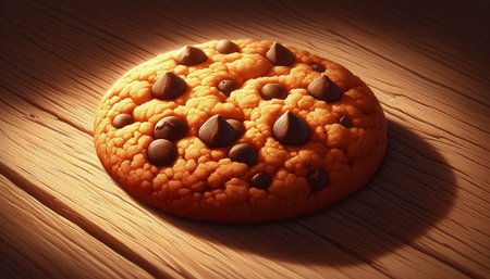 Chocolate chip cookies on wooden table with sunlight. Toned.