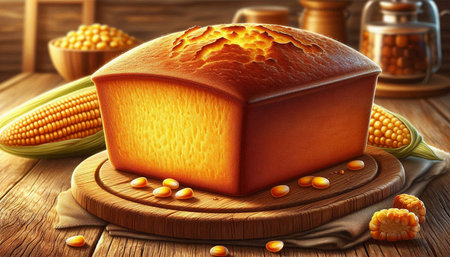 Cornbread on the wooden table. 3d illustration. Top view.