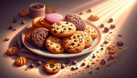 Chocolate cookies on a plate with rays of light. Toned.
