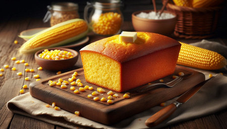 Corn cake with butter and corn on the wooden table, food closeup