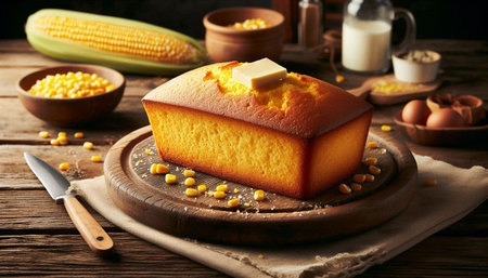 Tasty corn cake on cutting board on wooden table, closeup