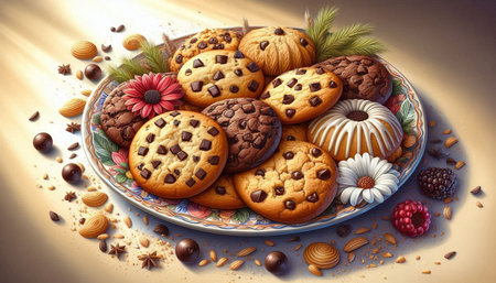 Chocolate chip cookies on a plate with different kinds of chocolate candies