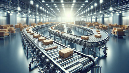 Conveyor belt with cardboard boxes in warehouse. 3D rendering