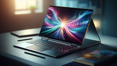 Laptop with abstract glowing colorful background. 3d rendering mock up