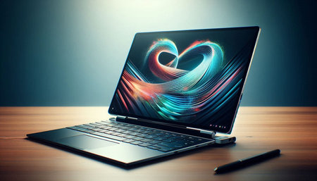 Laptop with heart on screen on wooden table. 3d rendering