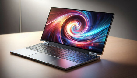 Laptop with glowing spiral design on screen. 3D Rendering