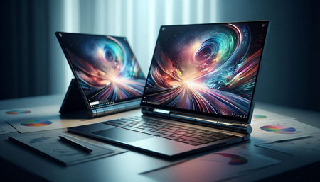 Laptop on the table with colorful abstract background. 3d rendering