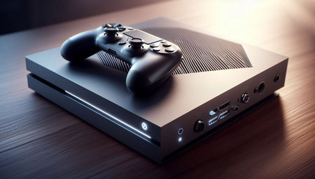 Gamepad on a wooden table. Video game console. 3d rendering