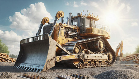 Bulldozer working in a construction site. 3D Rendering